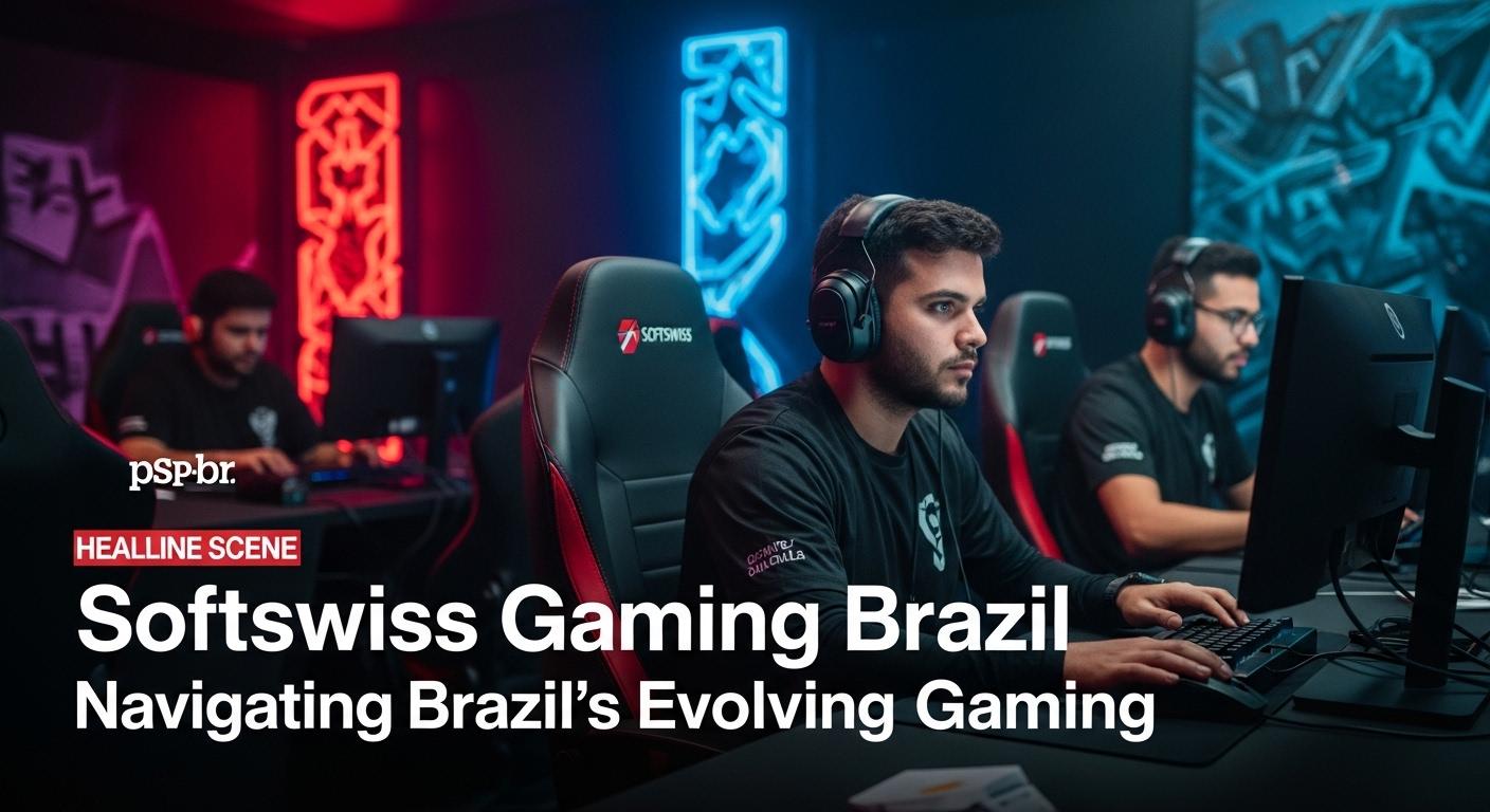 Composite image of SoftSwiss branding blended with Brazil's gaming market visuals and data charts.