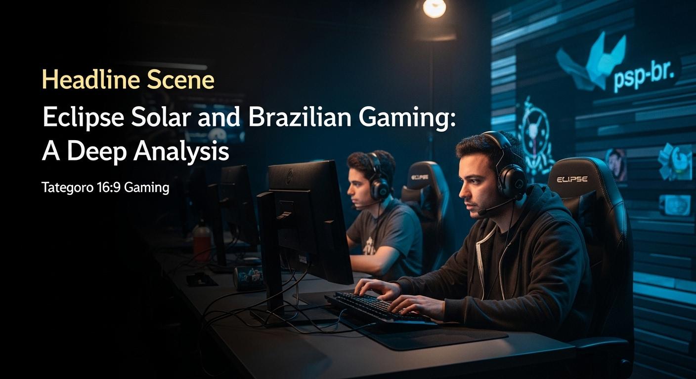 Solar eclipse above a Brazilian city seen from a gamer's streaming setup.