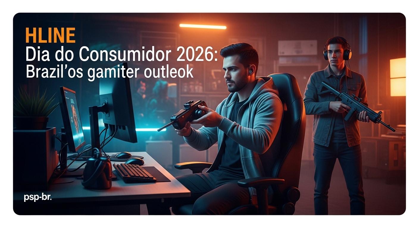 Brazilian gamers exploring Dia do Consumidor 2026 promotions across consoles and PC games in a lively retail setting.