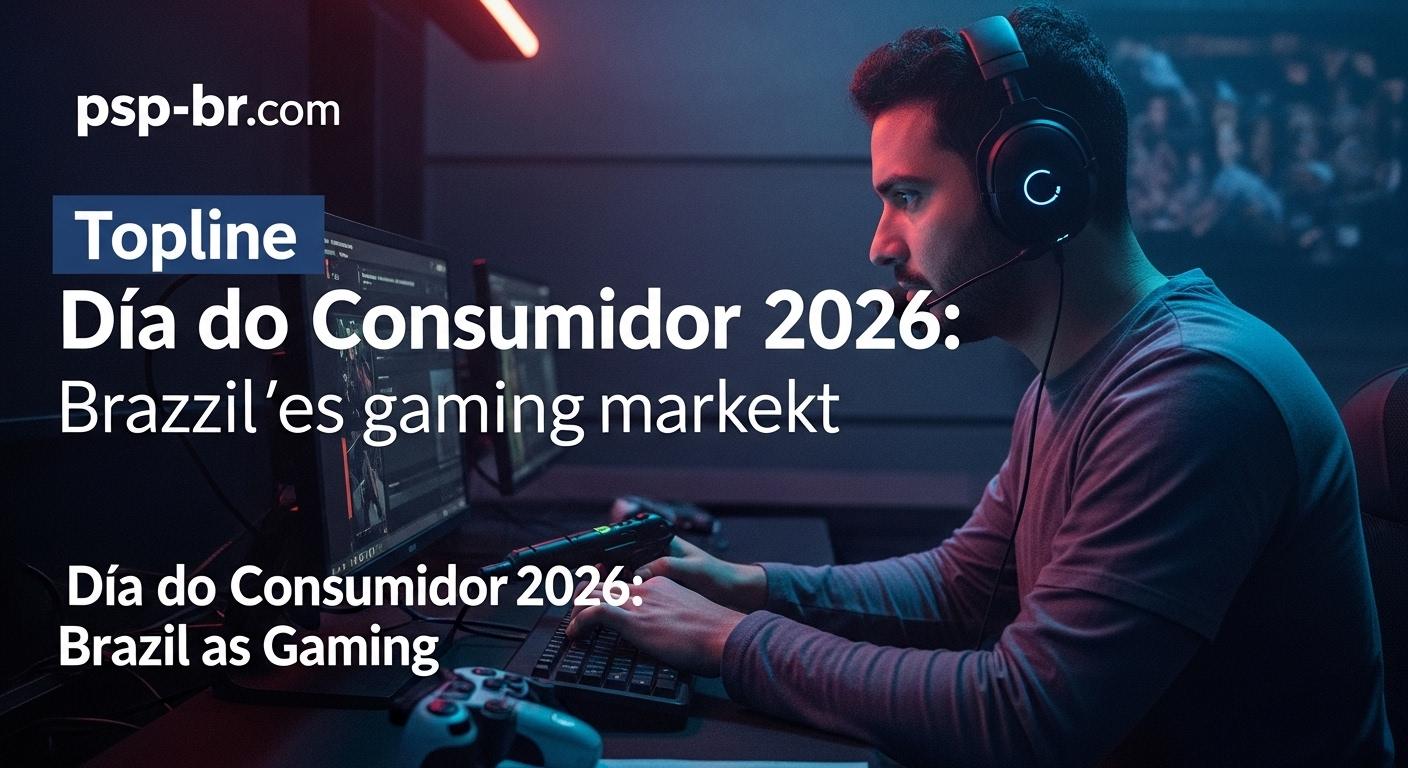 Brazilian gamers exploring Dia do Consumidor 2026 promotions across consoles and PC games in a lively retail setting.